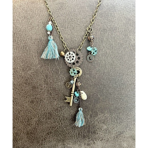 Women’s Antique Cooper/Bronze Pendant Necklace with Tassel, Misc. Charms NEW - Picture 2 of 4